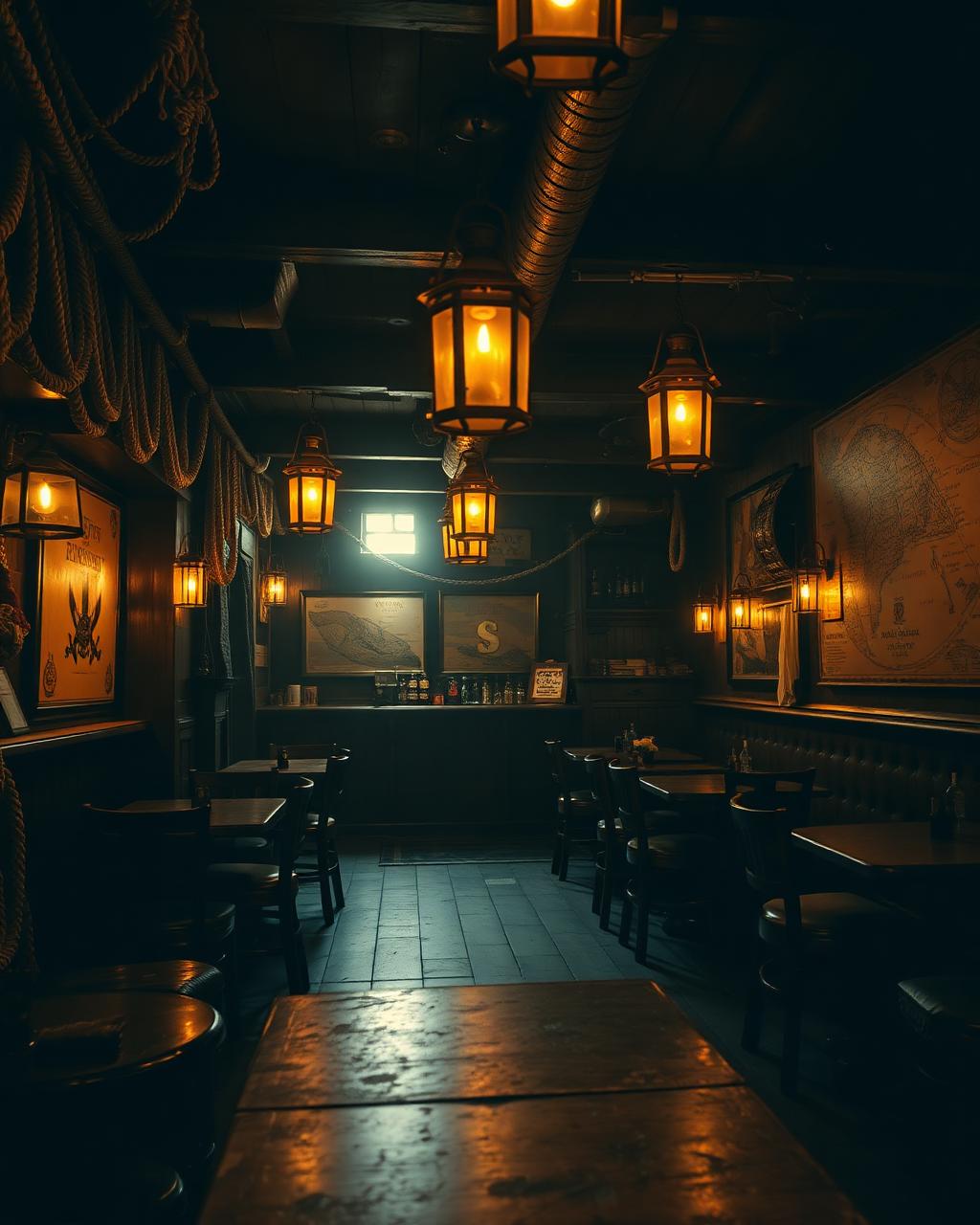 Lantern-lit pirate themed interior with rope and antique maps