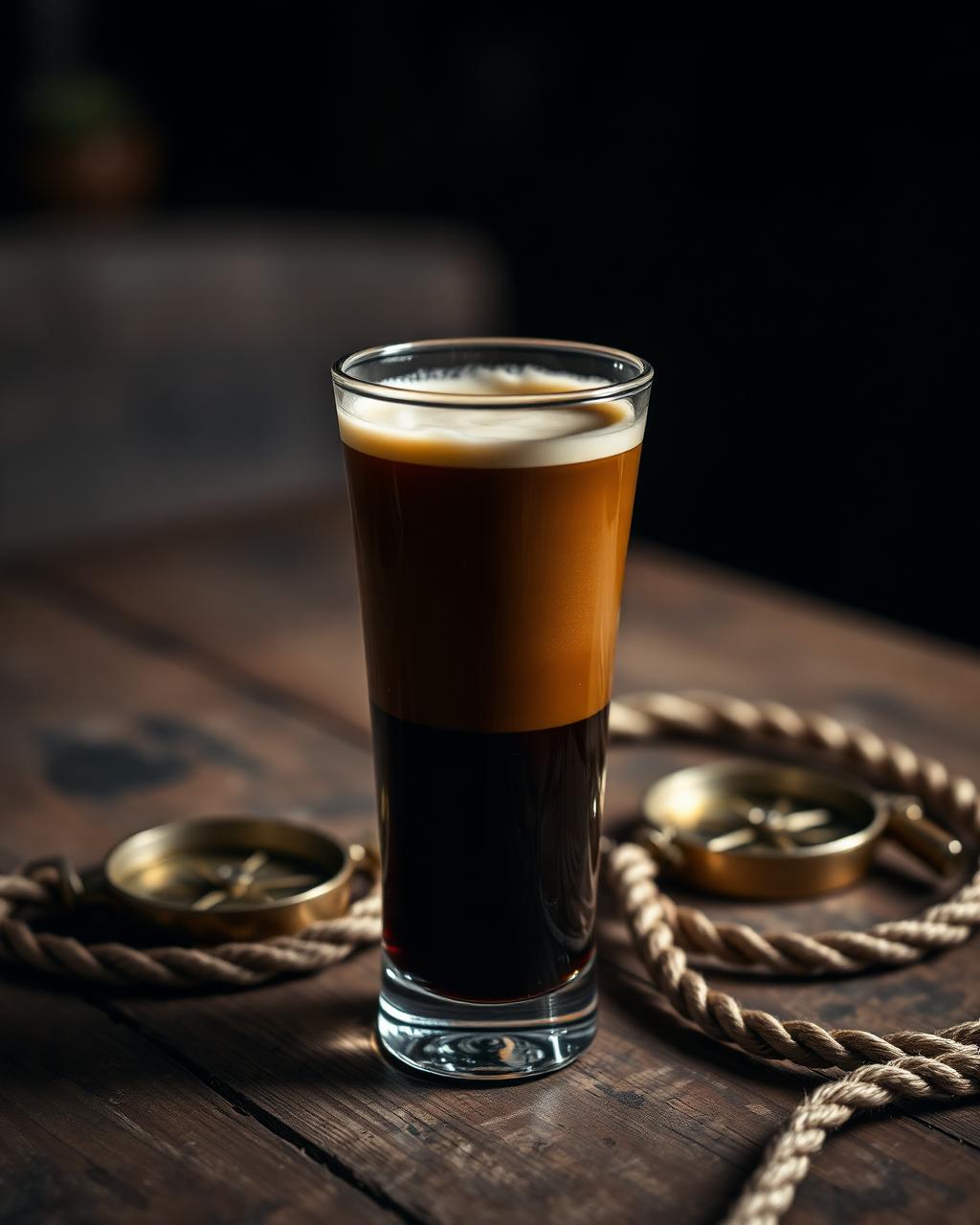 Freddo espresso on a worn wooden table with rope and compass