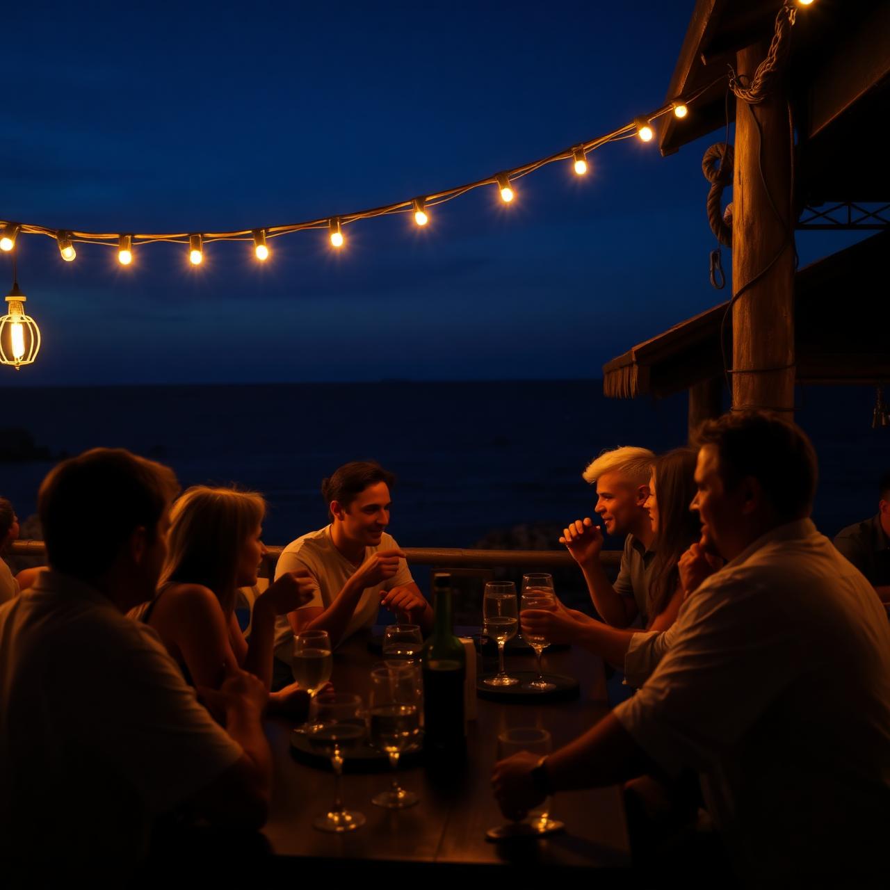 Guests enjoying drinks under string lights by the evening sea